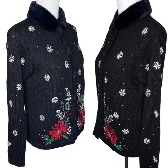 Victoria Jones Embellished Poinsettia Snow Flake Cardigan Removable Fur Collar M - Picture 4 of 14